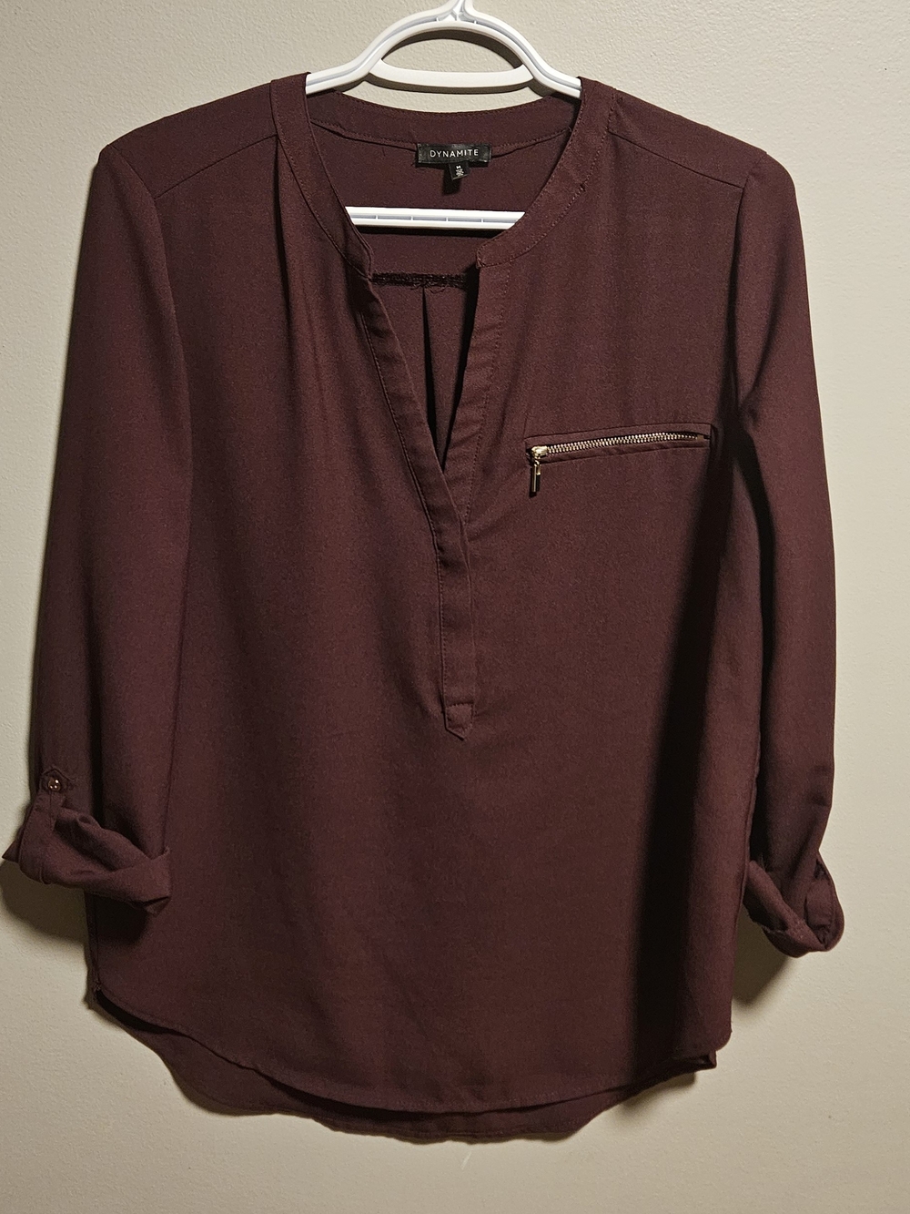 Dynamite Women's Wine-Colored Split-Neck Blouse with Zip Pocket